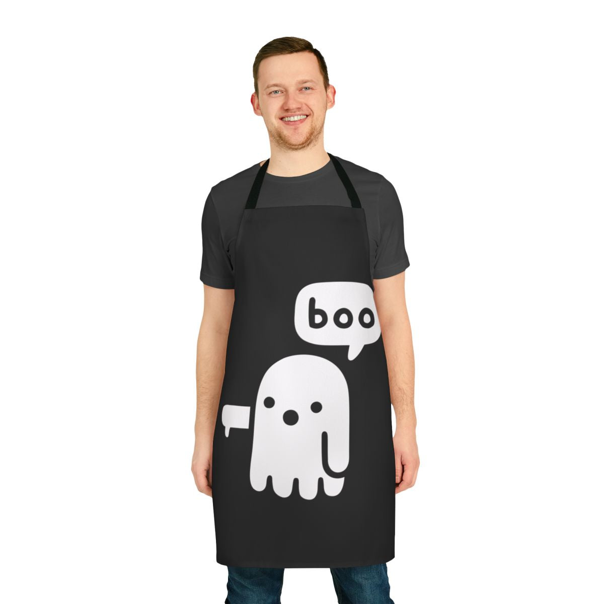 Stylized illustration of a ghostly figure on a black and white apron