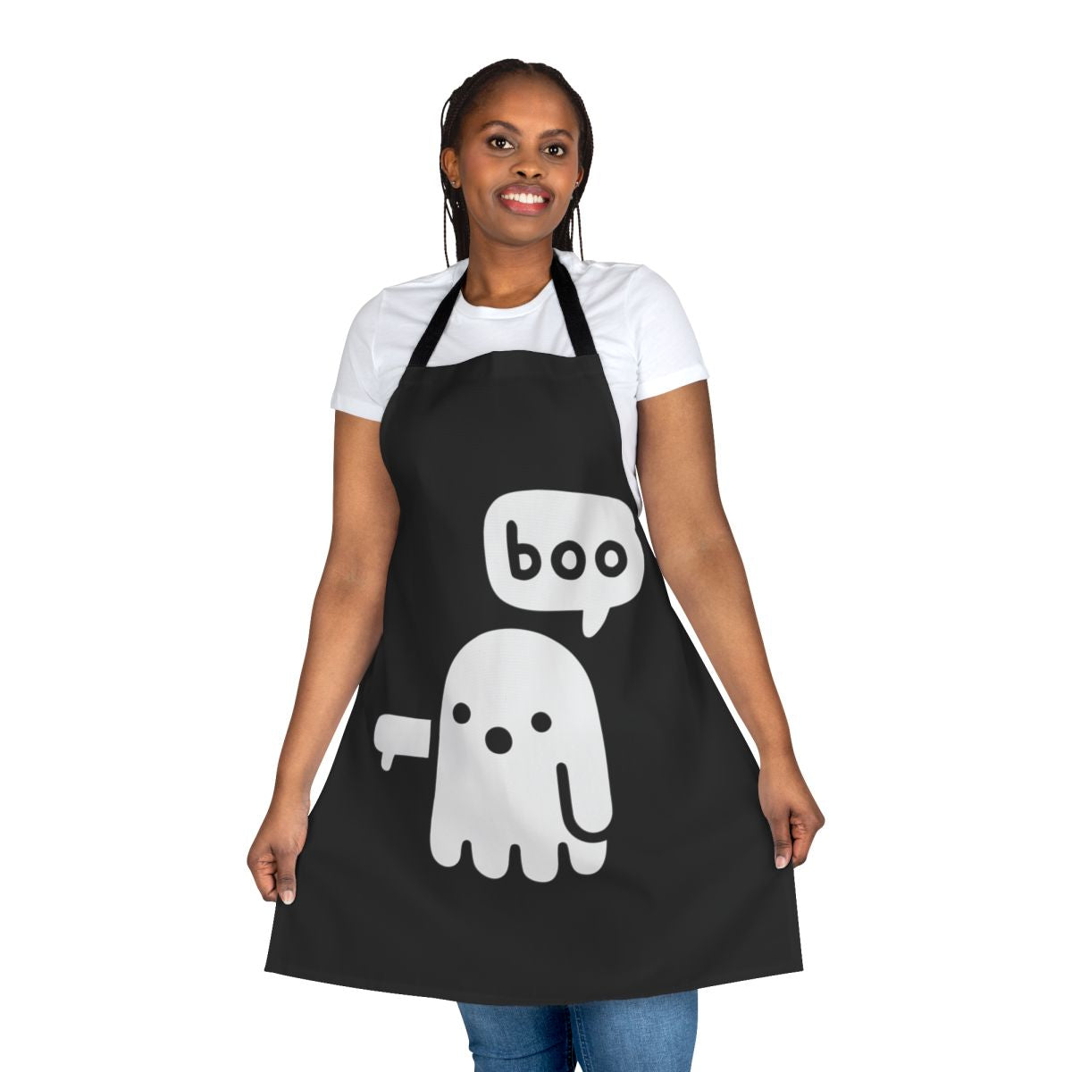 Stylized illustration of a ghostly figure on a black and white apron