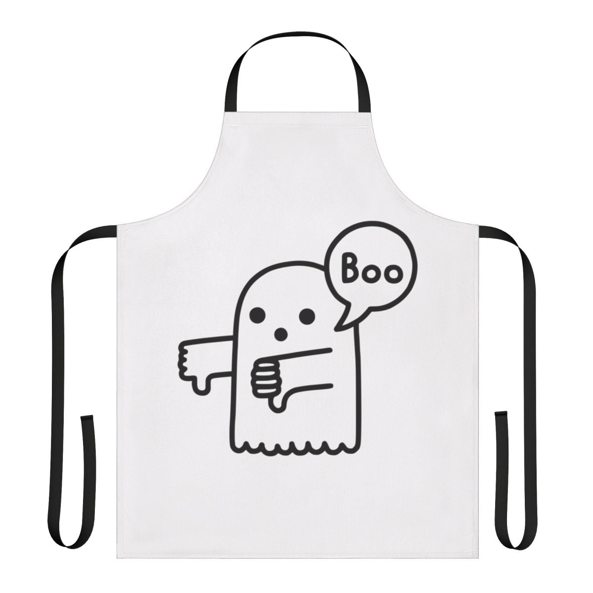 A ghost-themed apron with a thumbs-down design, perfect for a spooky or haunted kitchen