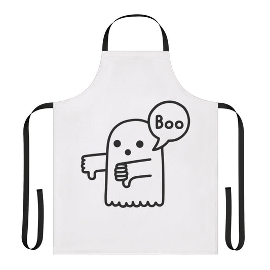 A ghost-themed apron with a thumbs-down design, perfect for a spooky or haunted kitchen