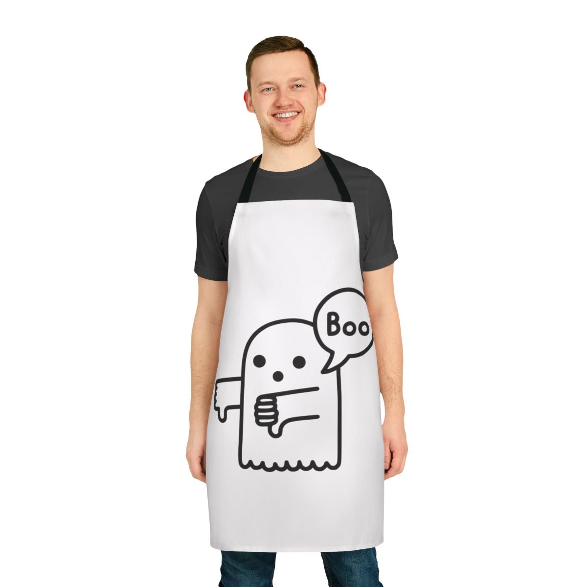A ghost-themed apron with a thumbs-down design, perfect for a spooky or haunted kitchen