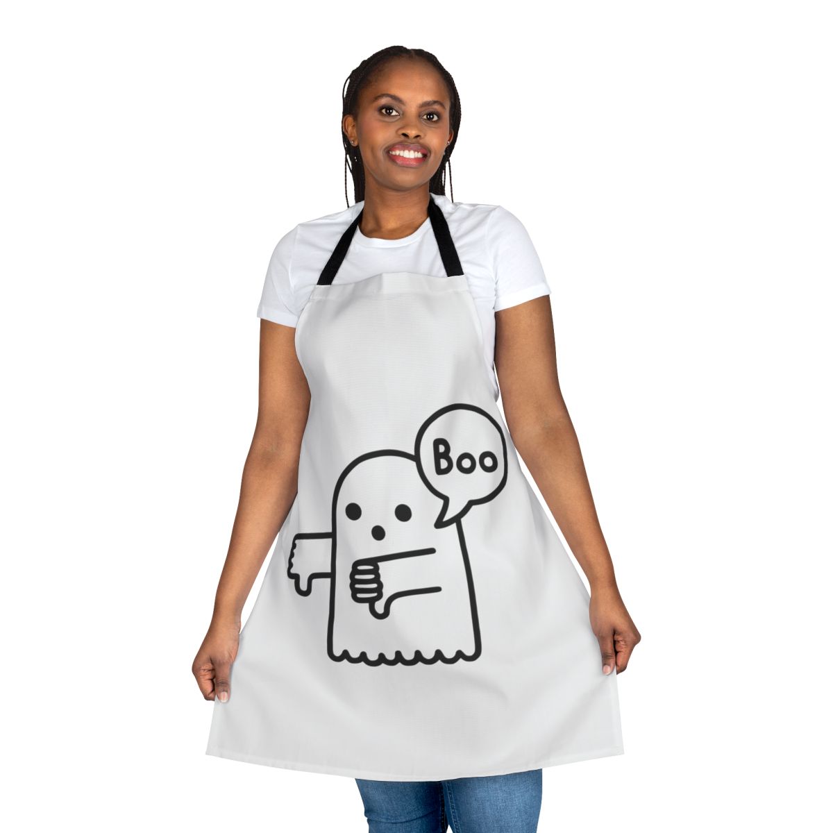 A ghost-themed apron with a thumbs-down design, perfect for a spooky or haunted kitchen