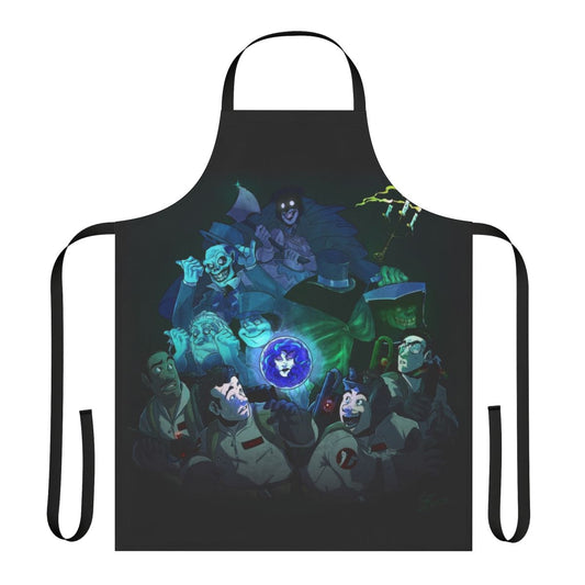 Spooky ghostbusters-themed apron with haunted mansion imagery