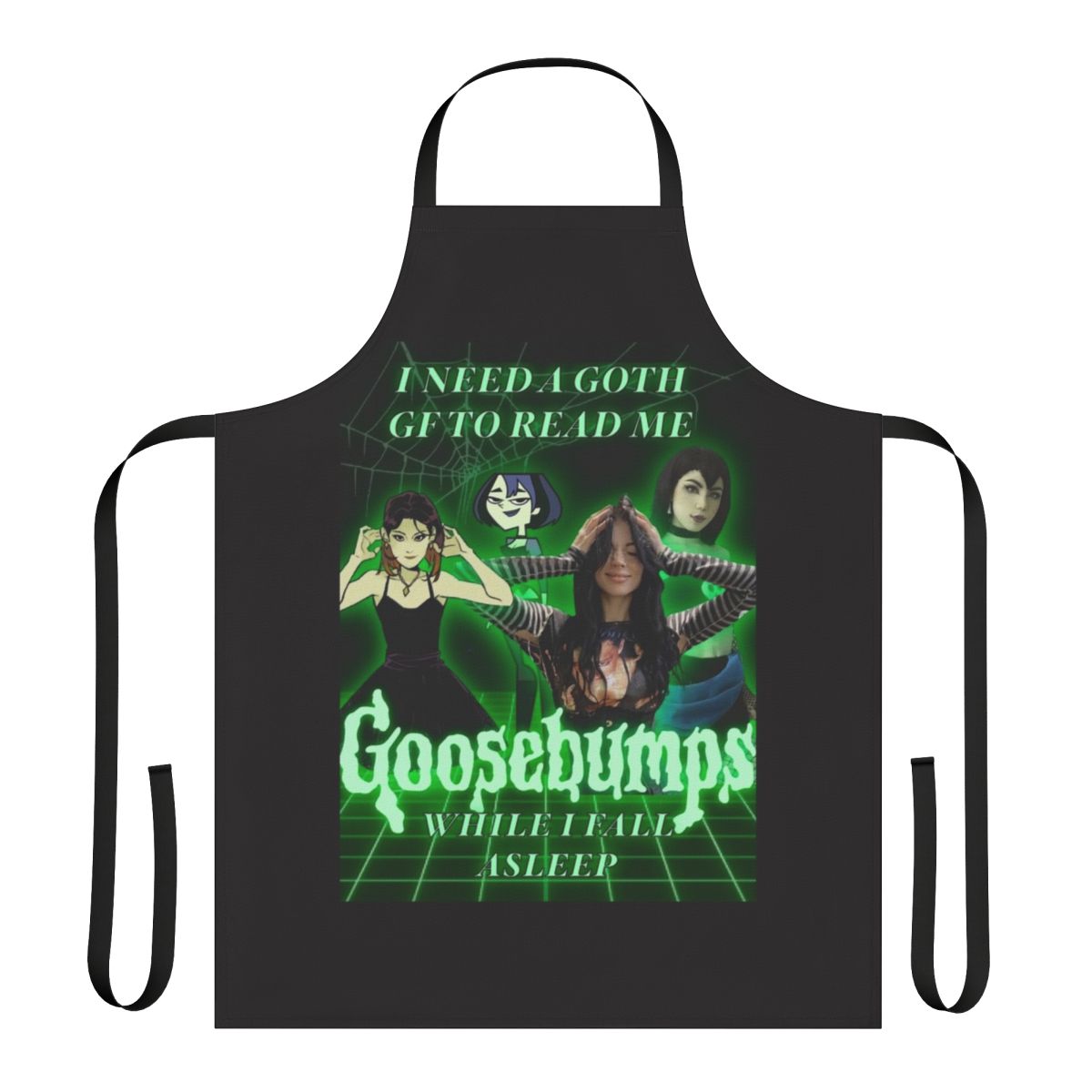 A black apron with a Goosebumps-inspired design, perfect for the goth girlfriend or dark academia enthusiast.