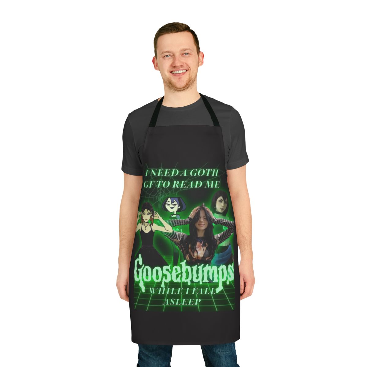 A black apron with a Goosebumps-inspired design, perfect for the goth girlfriend or dark academia enthusiast.