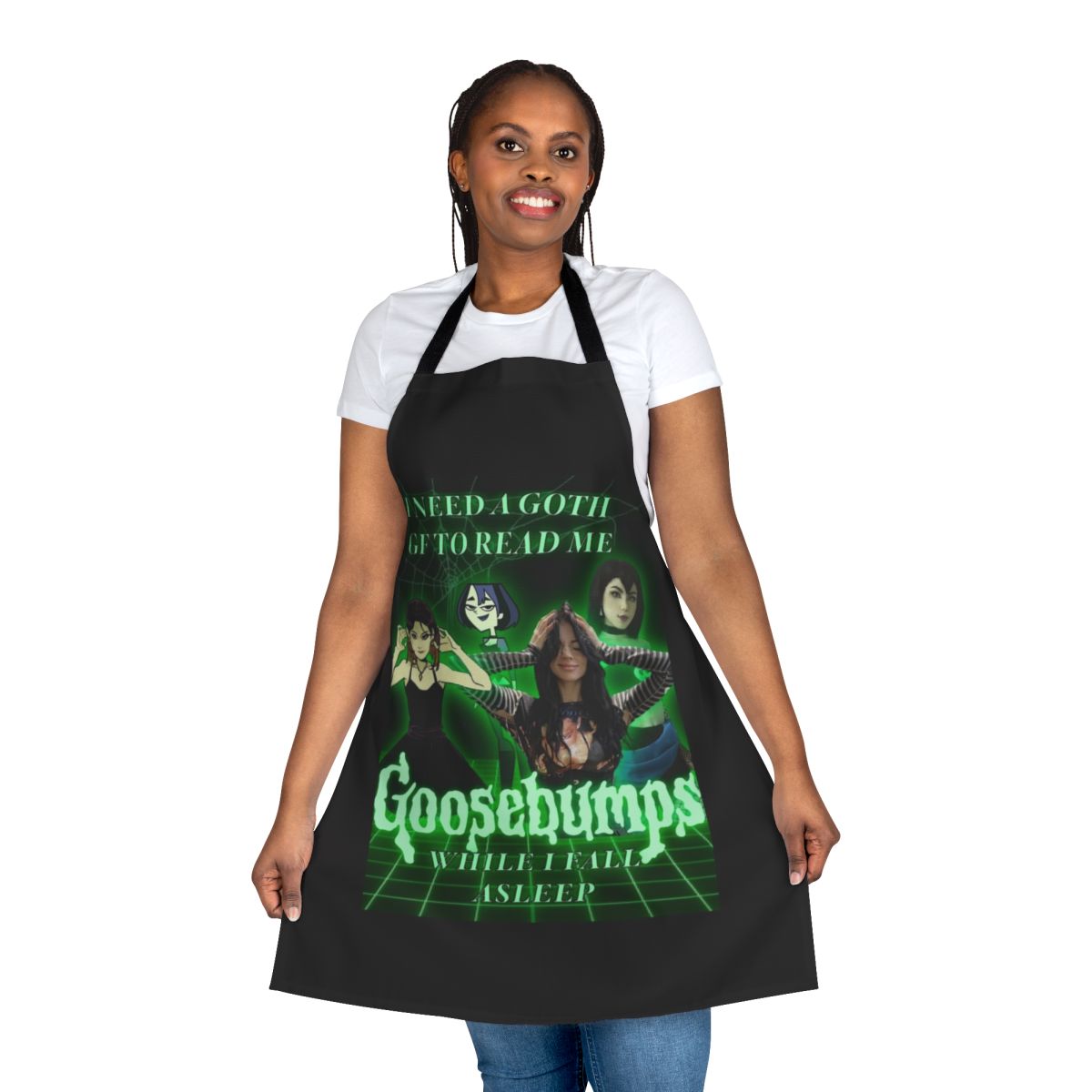 A black apron with a Goosebumps-inspired design, perfect for the goth girlfriend or dark academia enthusiast.