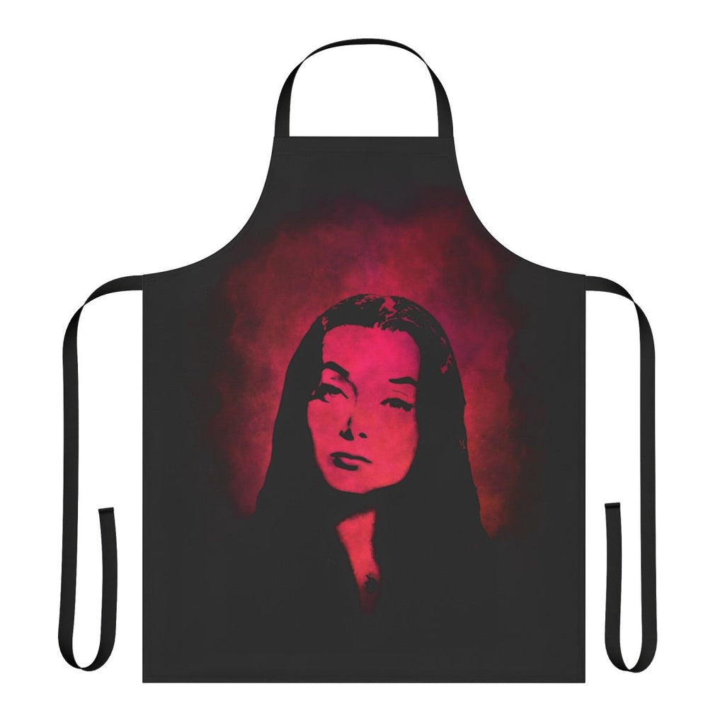 A black gothic-style apron with an Addams Family-inspired design
