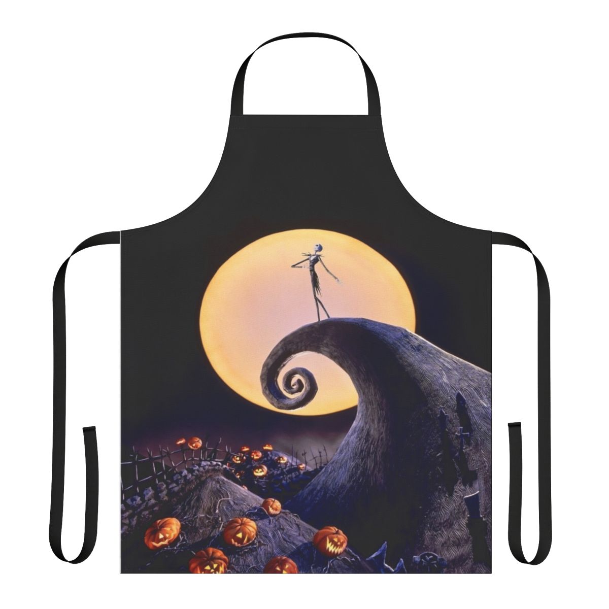 A black apron featuring the iconic characters and imagery from The Nightmare Before Christmas.