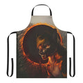 A dark, gothic-inspired apron with a werewolf or wolf design against a backdrop of a spooky forest and eclipse.
