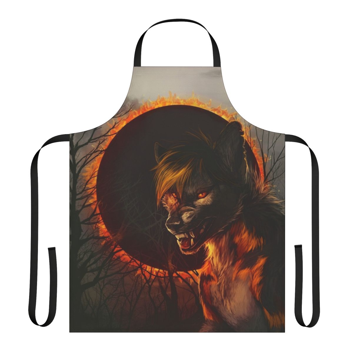 A dark, gothic-inspired apron with a werewolf or wolf design against a backdrop of a spooky forest and eclipse.