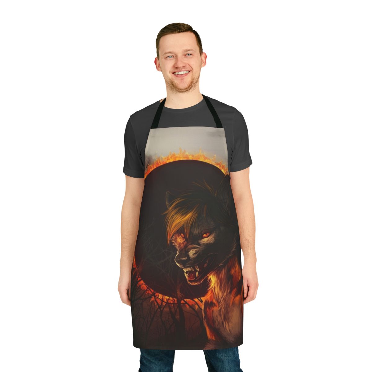 A dark, gothic-inspired apron with a werewolf or wolf design against a backdrop of a spooky forest and eclipse.