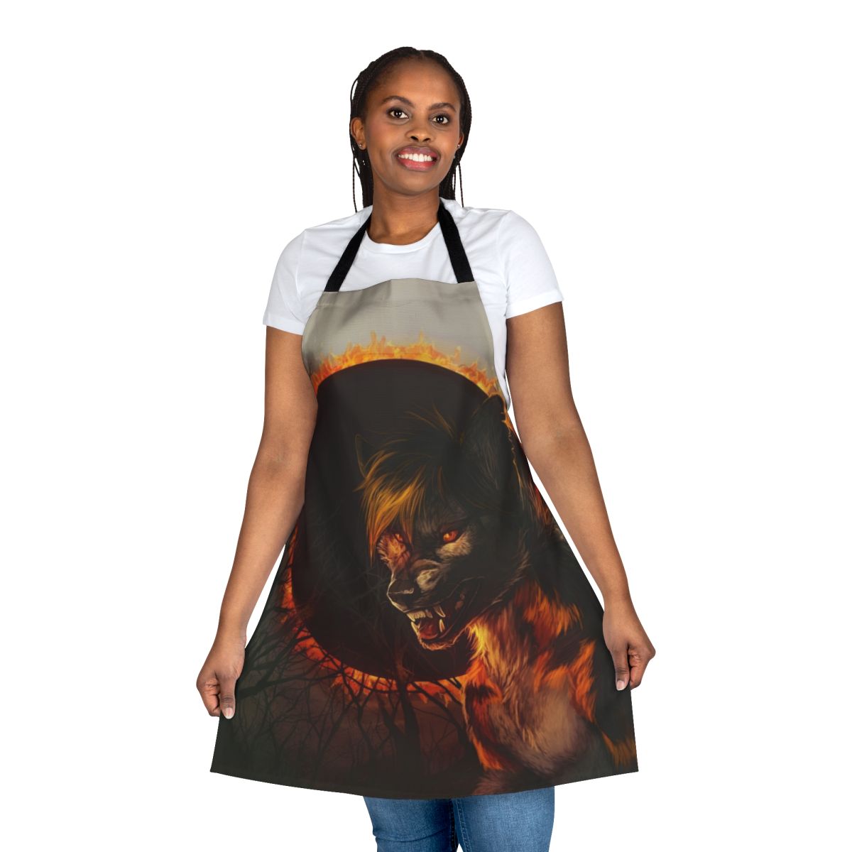 A dark, gothic-inspired apron with a werewolf or wolf design against a backdrop of a spooky forest and eclipse.