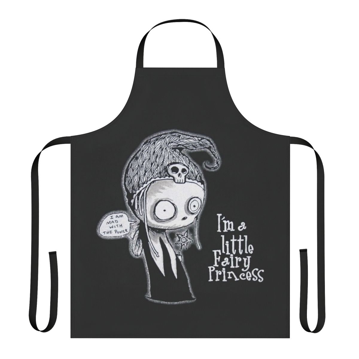 Spooky gothic apron featuring a quirky illustration of a little dead girl