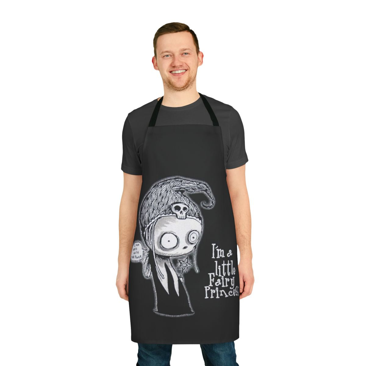 Spooky gothic apron featuring a quirky illustration of a little dead girl