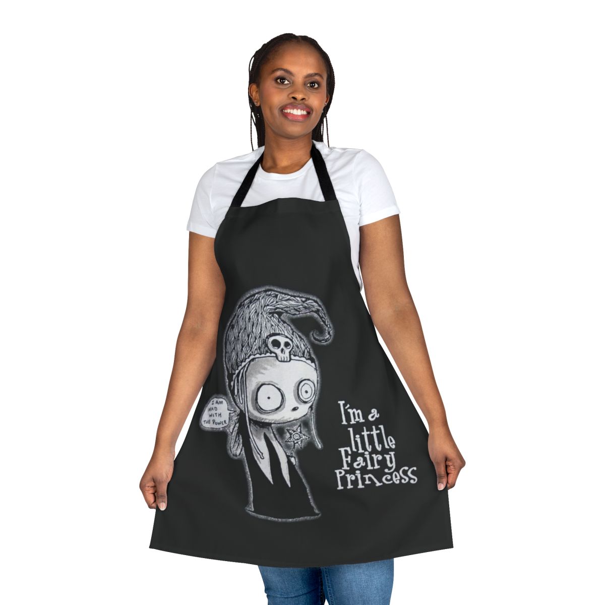 Spooky gothic apron featuring a quirky illustration of a little dead girl
