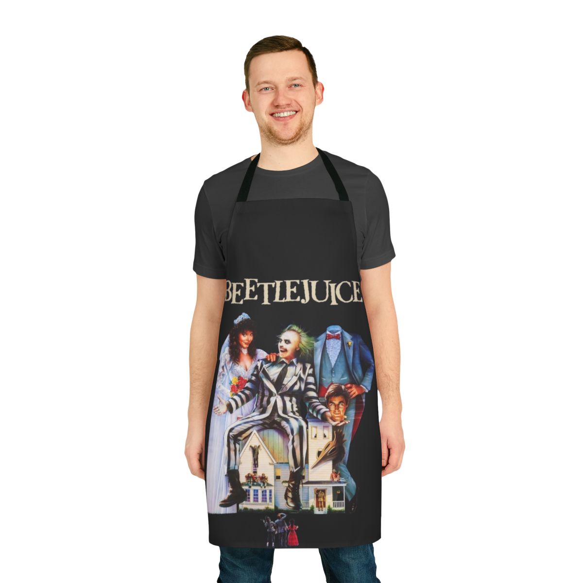 Beetlejuice inspired apron with Tim Burton's iconic characters and gothic imagery