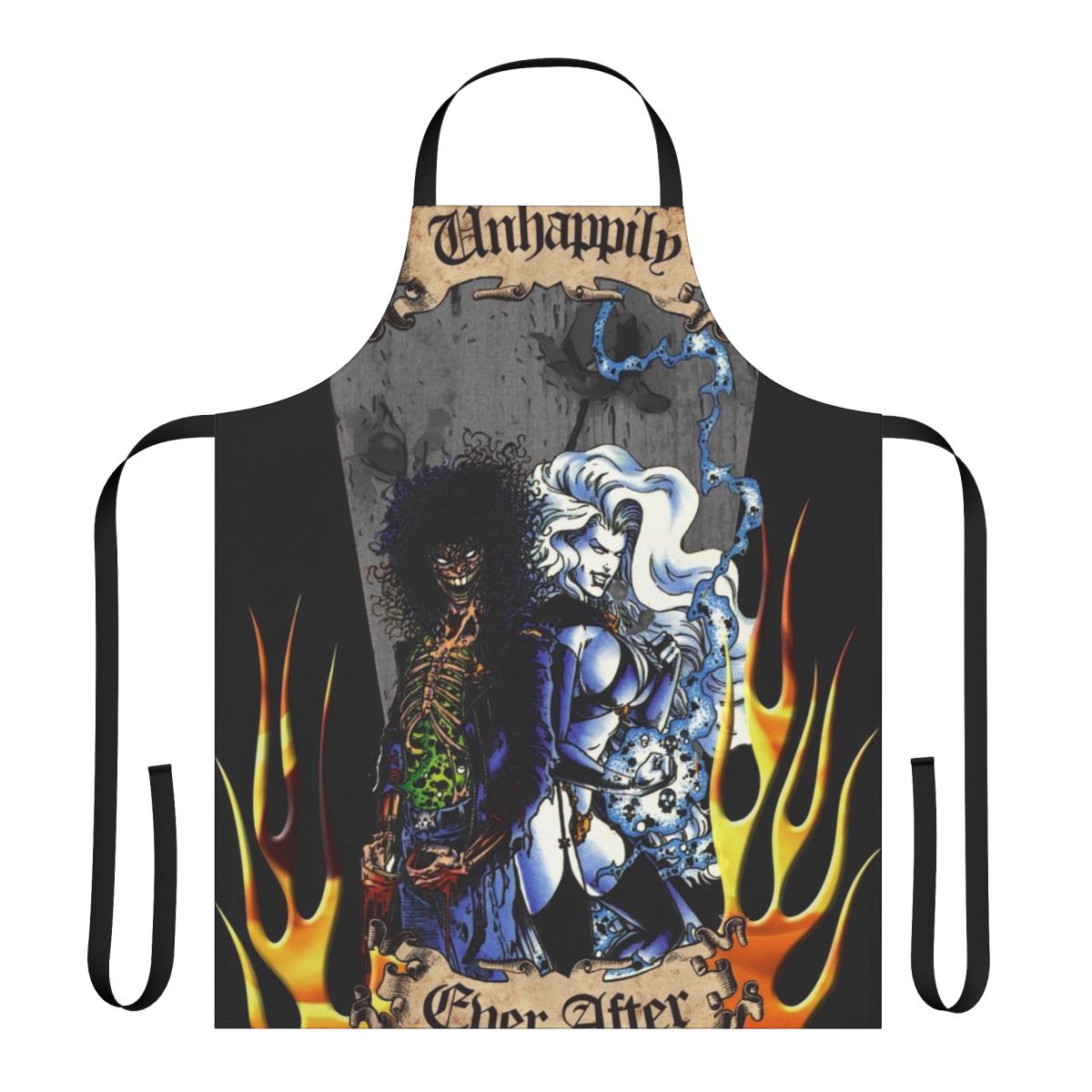 Spooky gothic horror-themed apron with flames, scrolls, and dark imagery