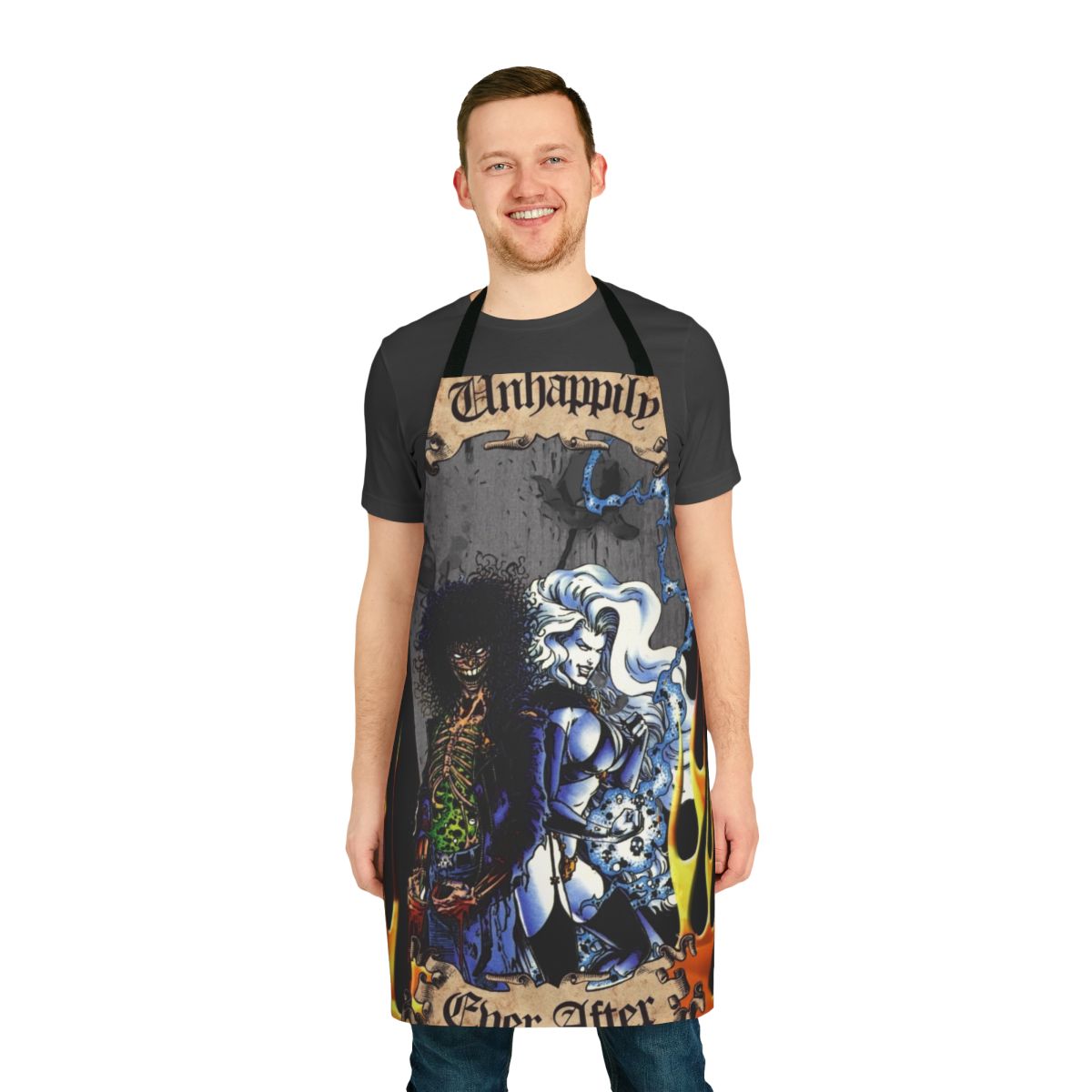 Spooky gothic horror-themed apron with flames, scrolls, and dark imagery