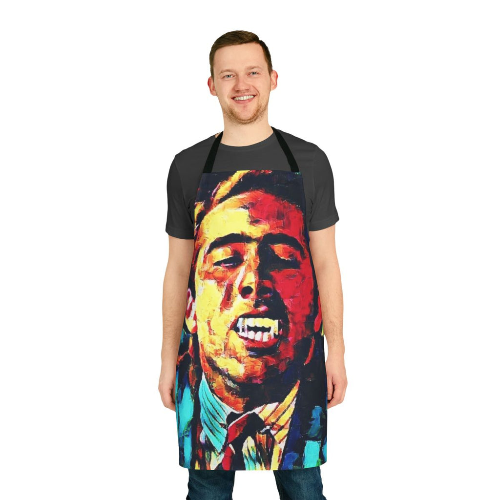 Colorful apron featuring a vampire kiss design, perfect for Halloween or movie theme parties.