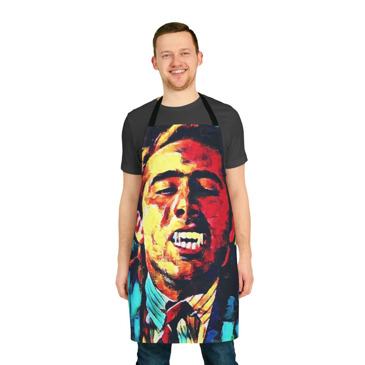 Colorful apron featuring a vampire kiss design, perfect for Halloween or movie theme parties.
