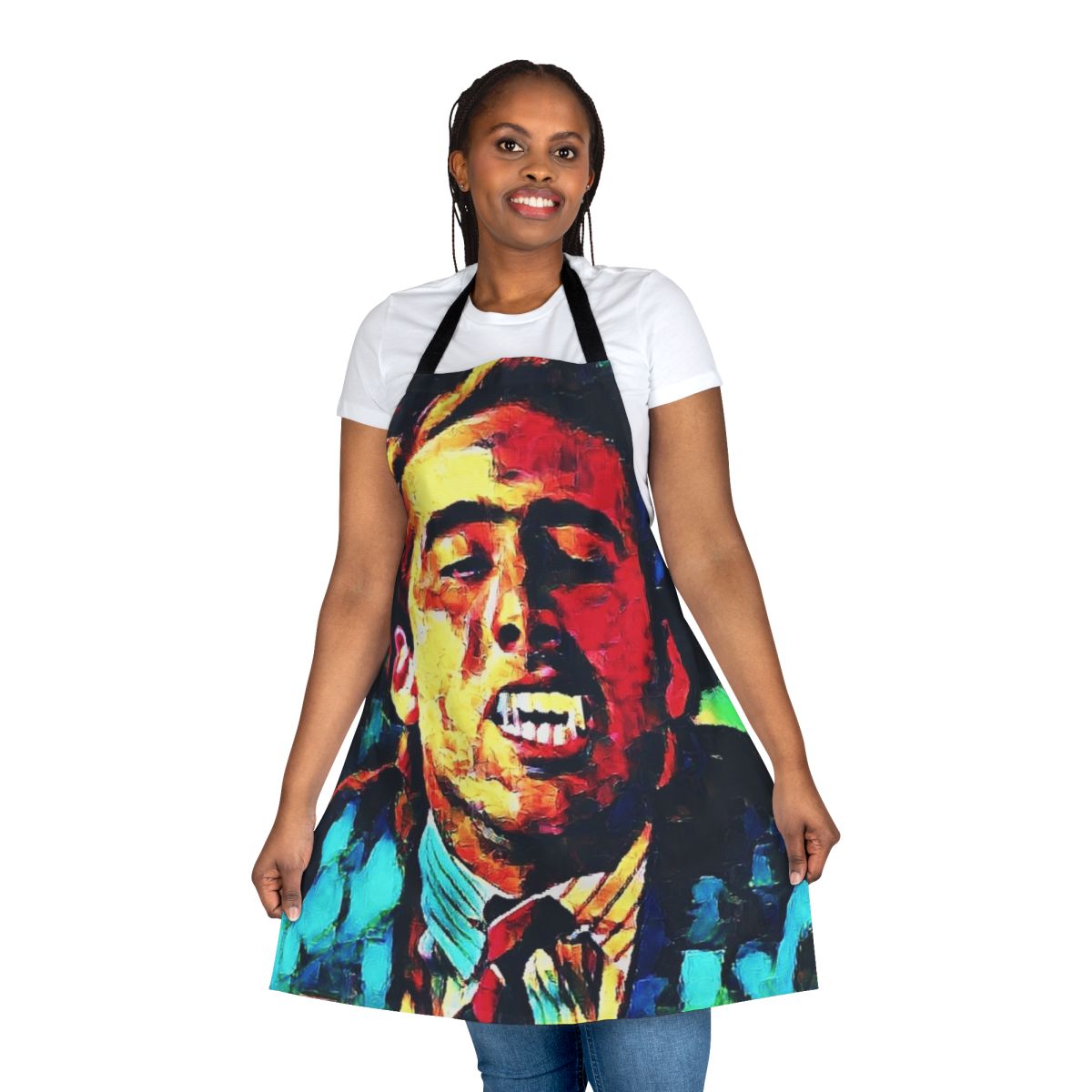 Colorful apron featuring a vampire kiss design, perfect for Halloween or movie theme parties.