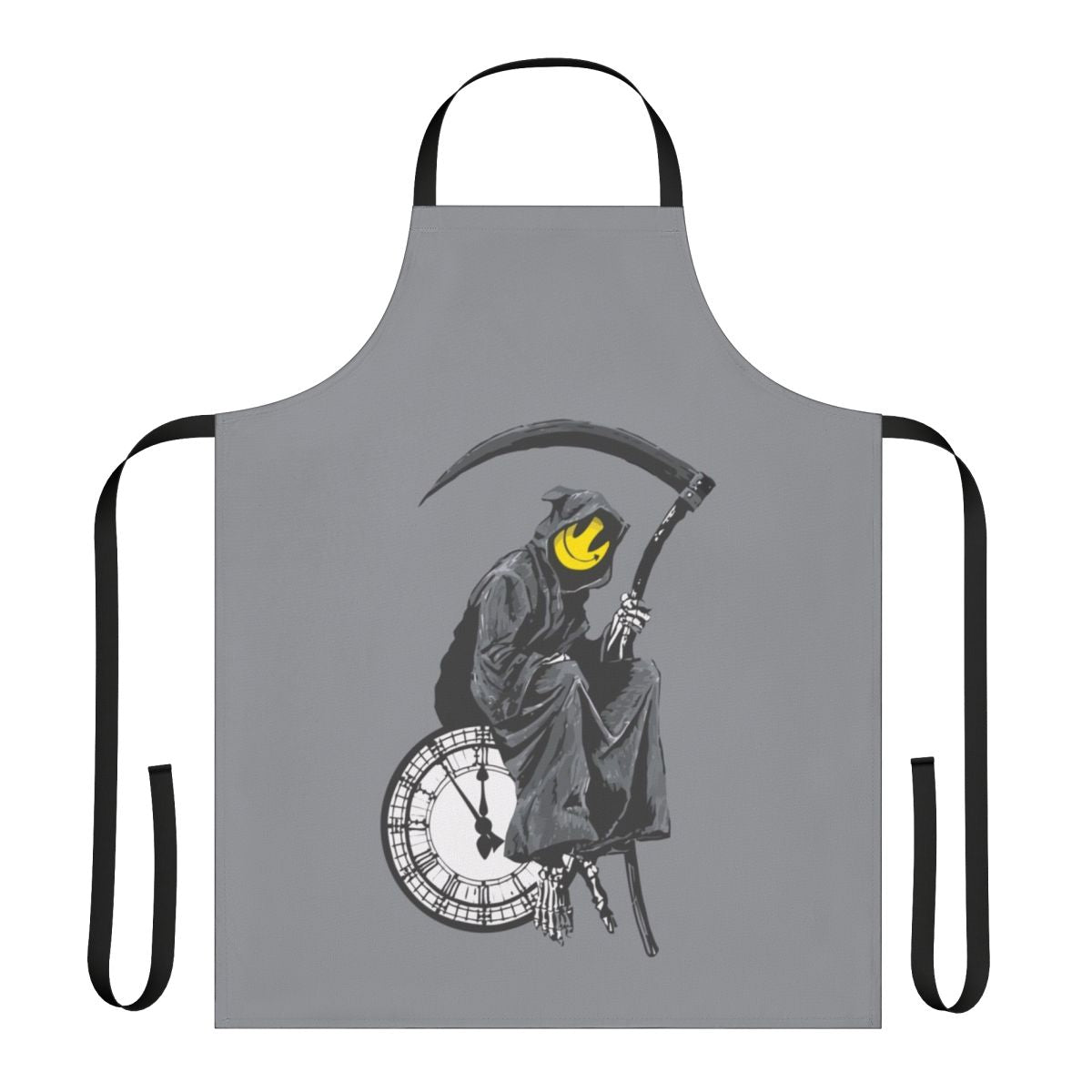 Banksy-inspired grim reaper clock graphic printed on a black apron