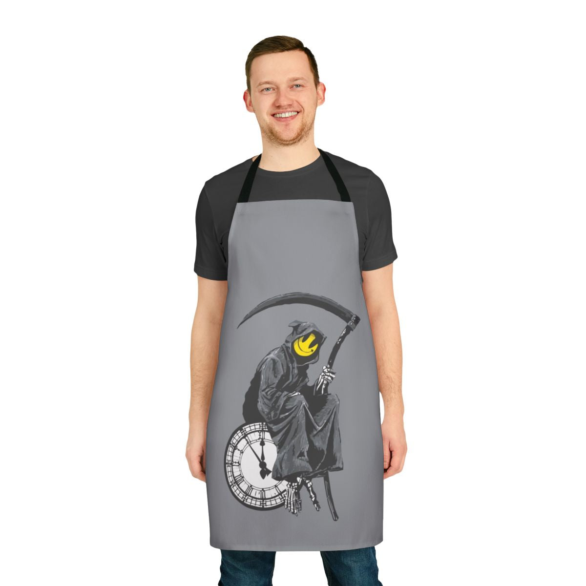 Banksy-inspired grim reaper clock graphic printed on a black apron