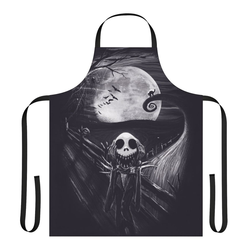 A black apron with a spooky skeletal design inspired by The Nightmare Before Christmas