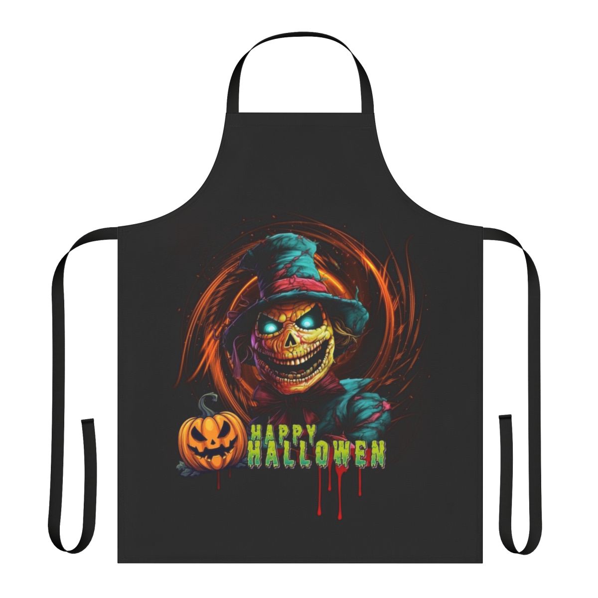 Scary Halloween scarecrow apron with pumpkins, ghosts, and skulls