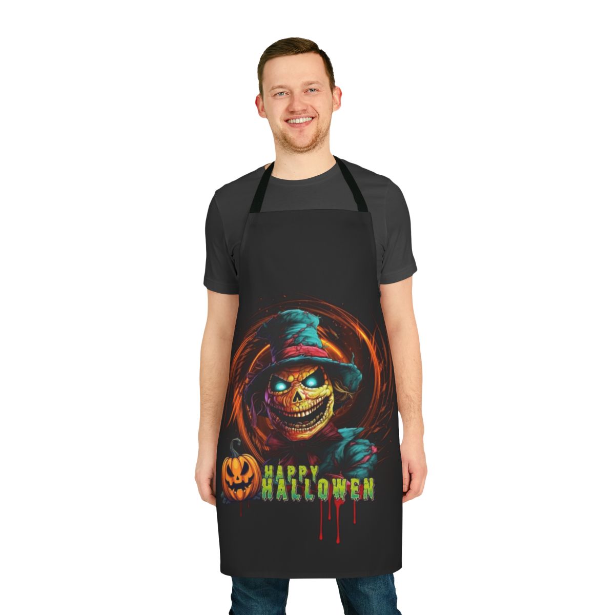 Scary Halloween scarecrow apron with pumpkins, ghosts, and skulls