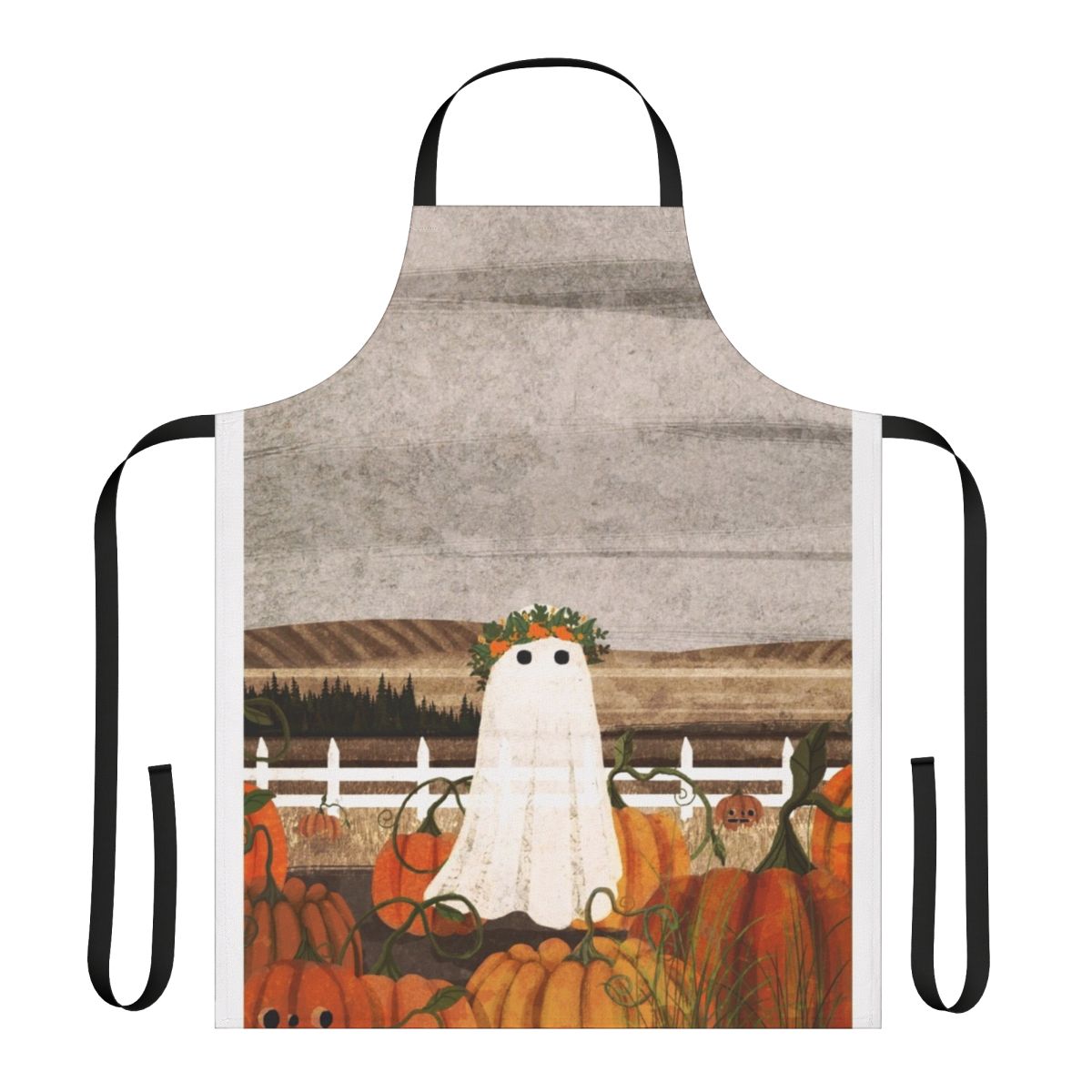 A vintage-style apron with a ghostly pumpkin patch design, perfect for fall and Halloween celebrations.