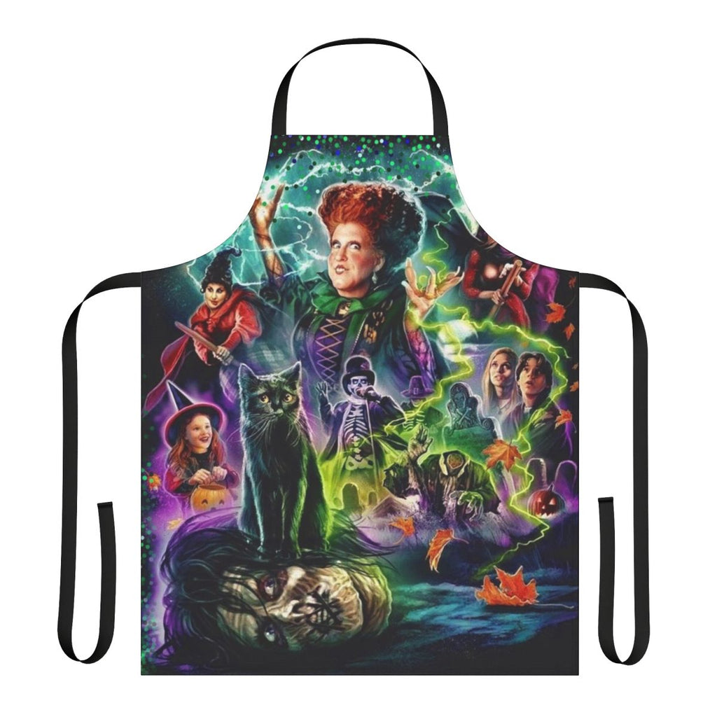 Hocus Pocus inspired apron featuring witches, black cats, and Halloween imagery