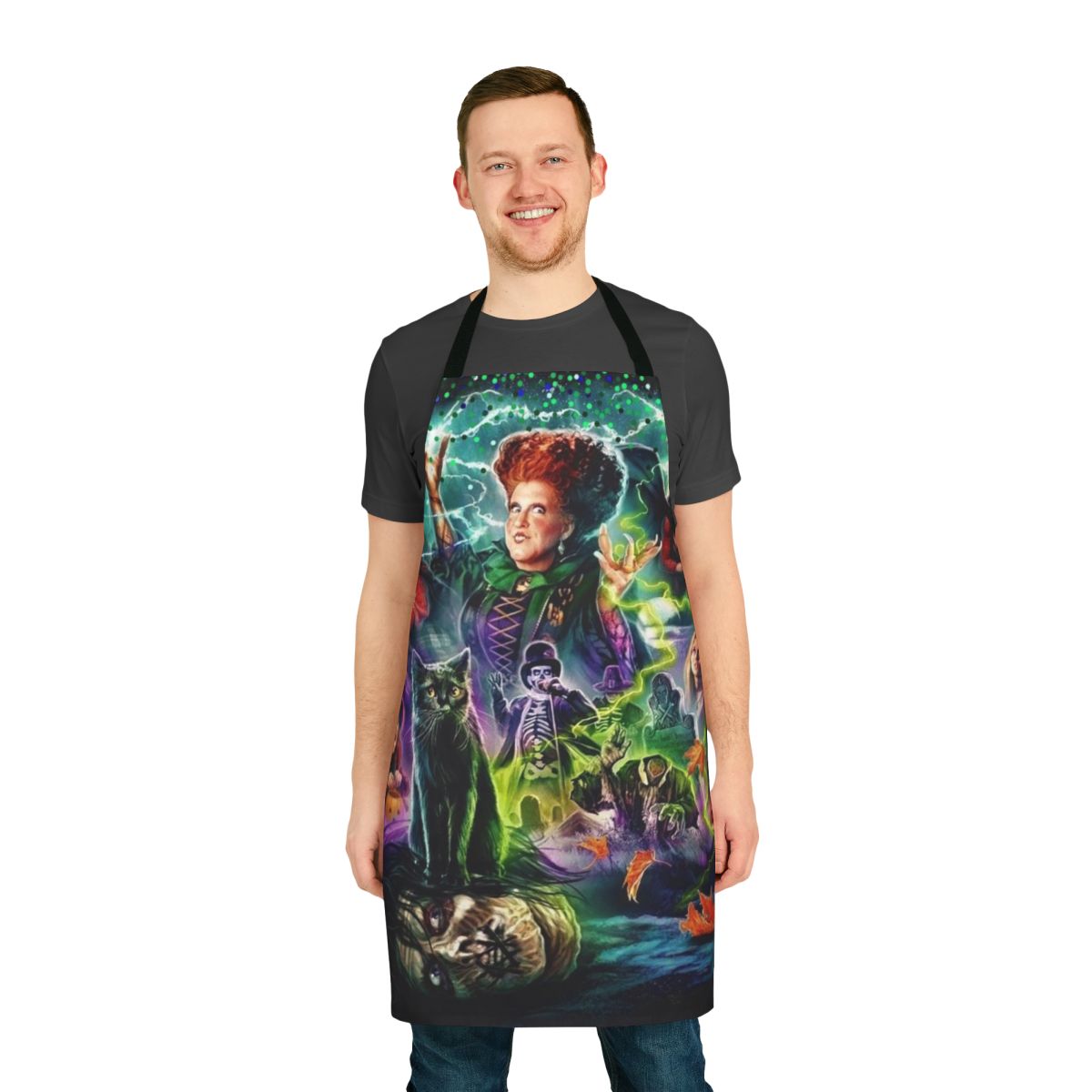 Hocus Pocus inspired apron featuring witches, black cats, and Halloween imagery