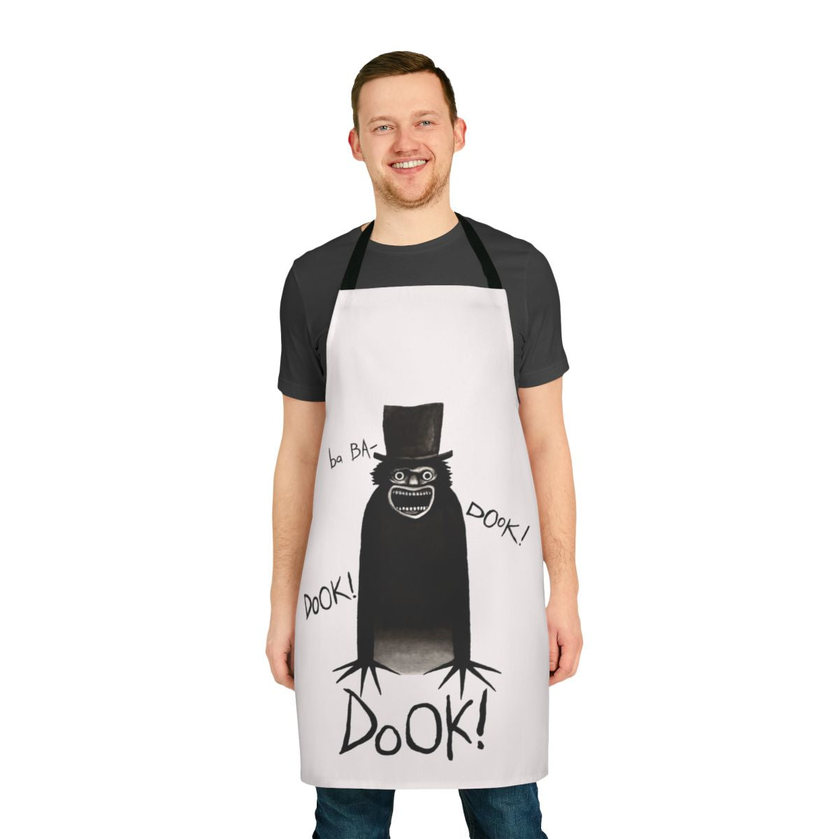 Spooky horror apron featuring a Babadook-inspired design, perfect for fans of the cult classic horror movie.