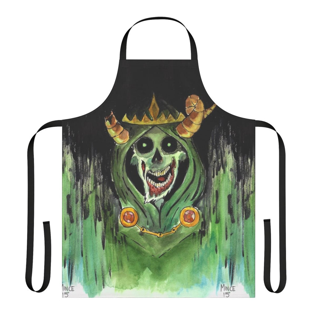 Spooky horror-themed apron with skull and zombie imagery
