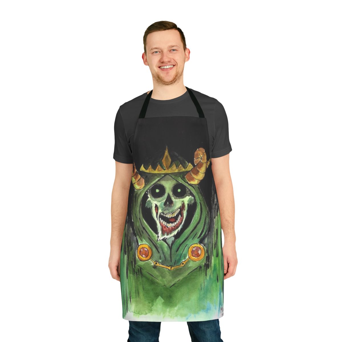 Spooky horror-themed apron with skull and zombie imagery