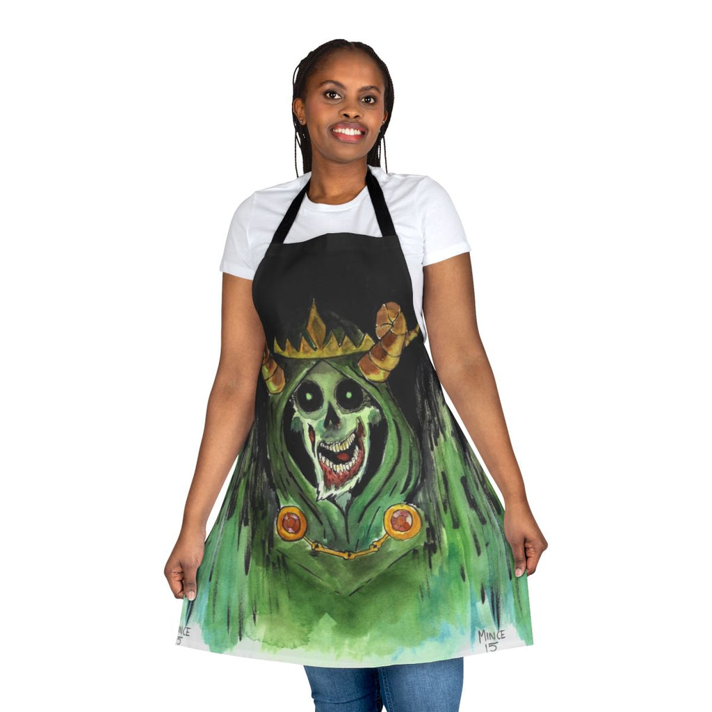 Spooky horror-themed apron with skull and zombie imagery