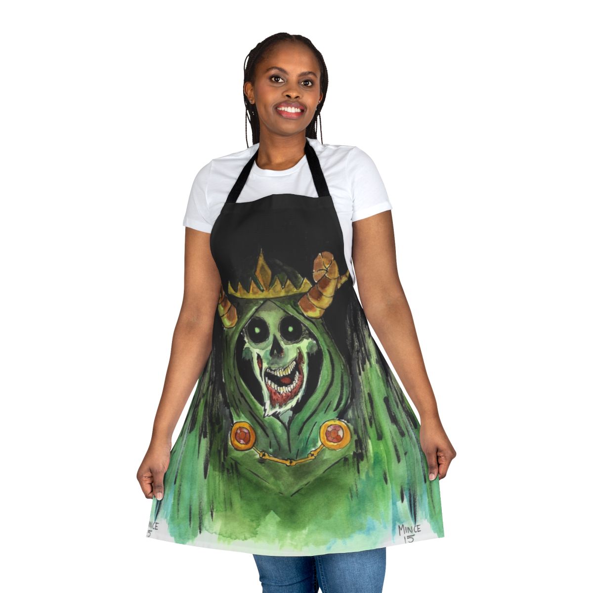 Spooky horror-themed apron with skull and zombie imagery