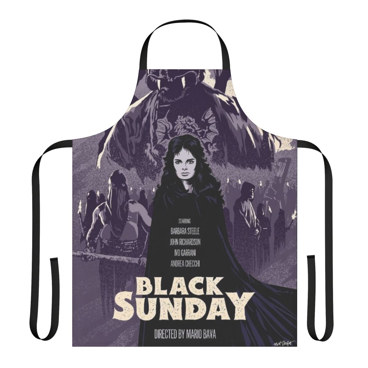 Black apron with horror movie-inspired graphics like witches, demons, and devils
