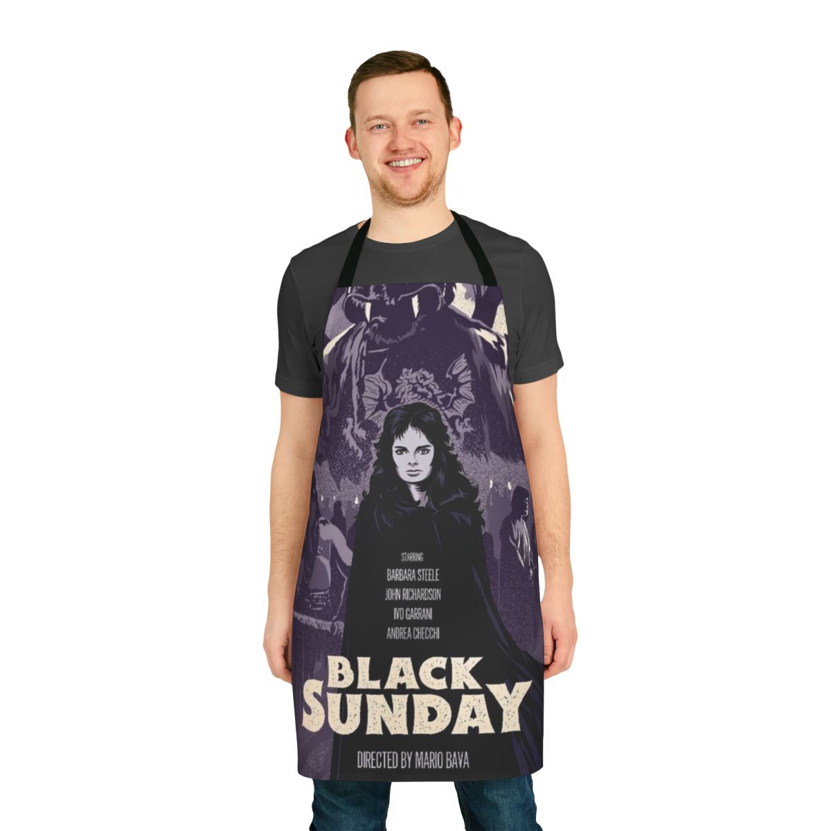 Black apron with horror movie-inspired graphics like witches, demons, and devils