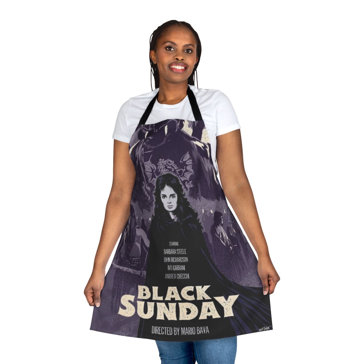 Black apron with horror movie-inspired graphics like witches, demons, and devils