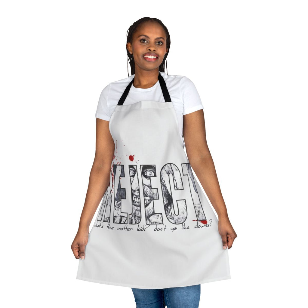 A black and red apron with a spooky horror-inspired design, perfect for Halloween or horror movie fans.