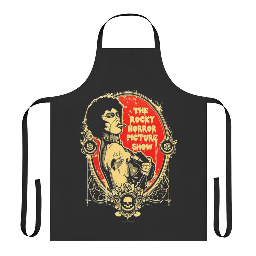 A black apron with the iconic Rocky Horror Picture Show logo and imagery