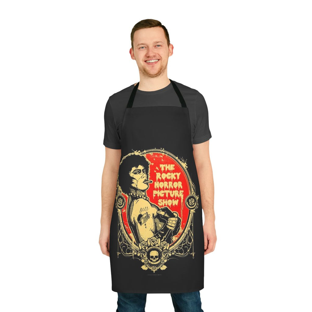 A black apron with the iconic Rocky Horror Picture Show logo and imagery