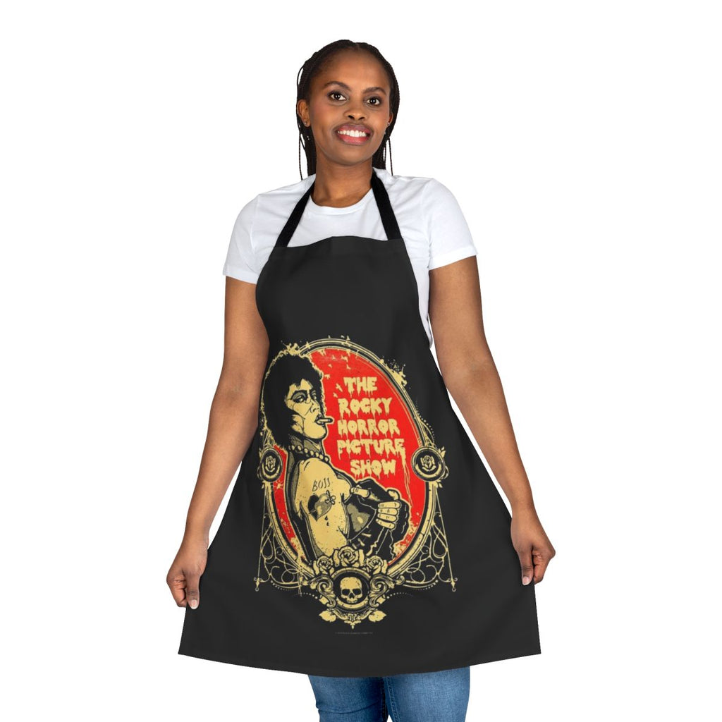 A black apron with the iconic Rocky Horror Picture Show logo and imagery