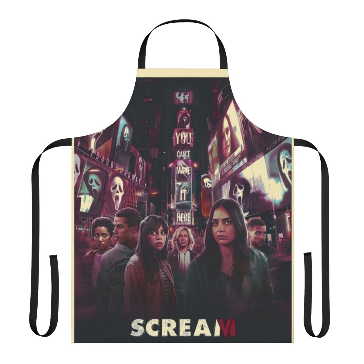 Spooky horror movie-themed apron with Scream 6 inspired design