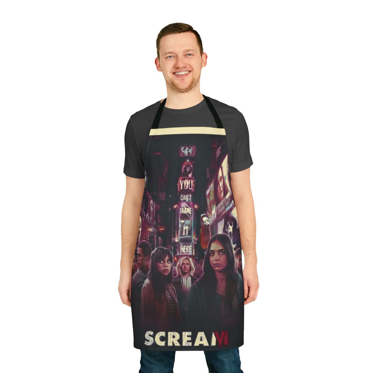 Spooky horror movie-themed apron with Scream 6 inspired design
