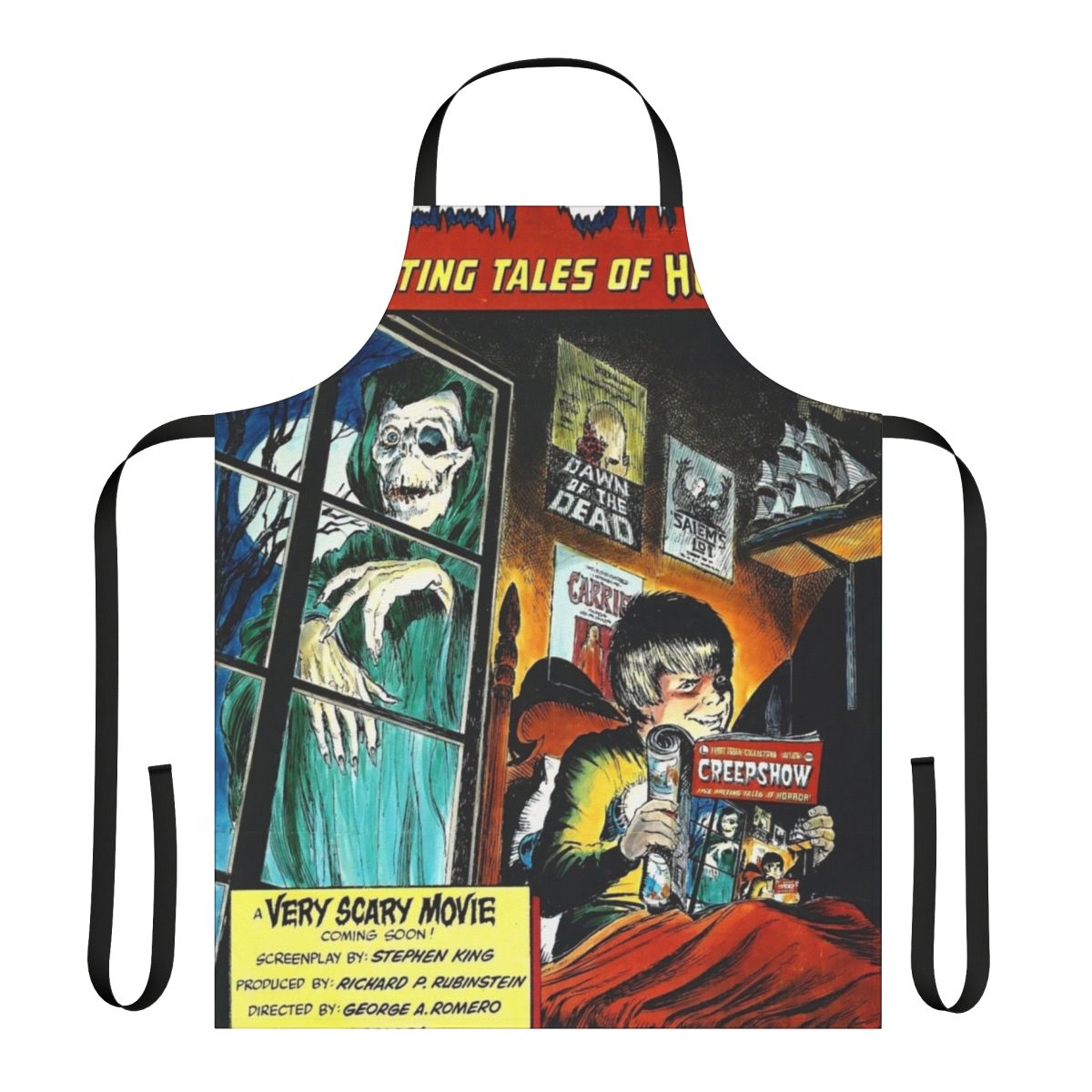 Creepshow-inspired horror-themed apron with blood, zombie, and scary elements