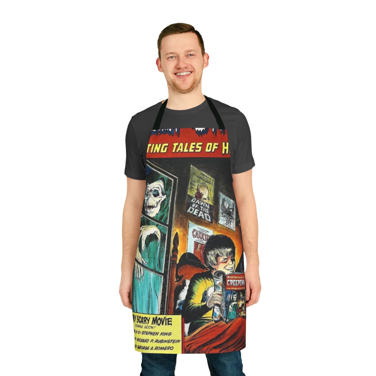 Creepshow-inspired horror-themed apron with blood, zombie, and scary elements