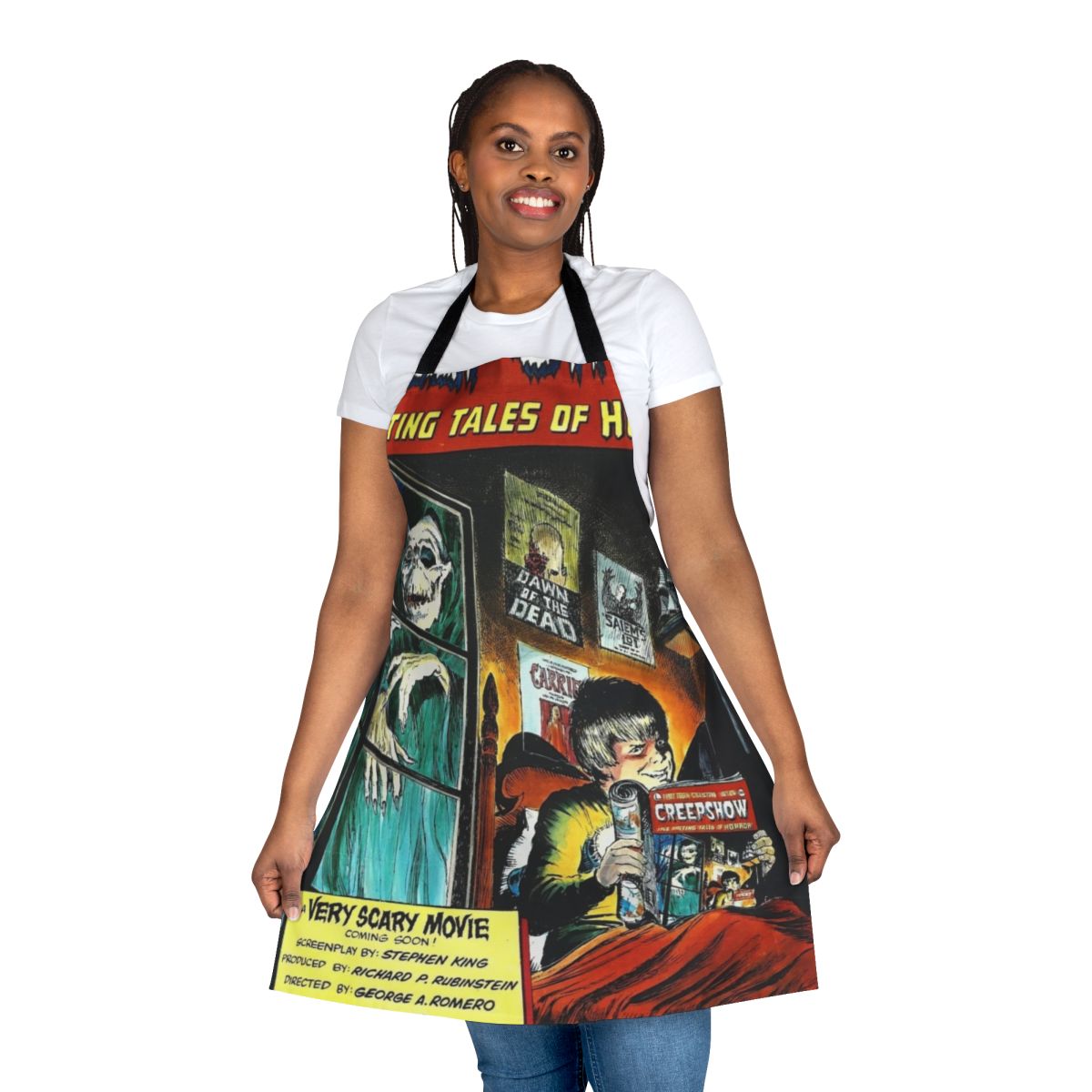 Creepshow-inspired horror-themed apron with blood, zombie, and scary elements